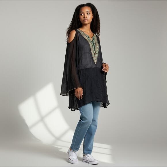 Free People Black XS Beaded Rhinestone Long Sleeve Dress - Picture 12 of 14